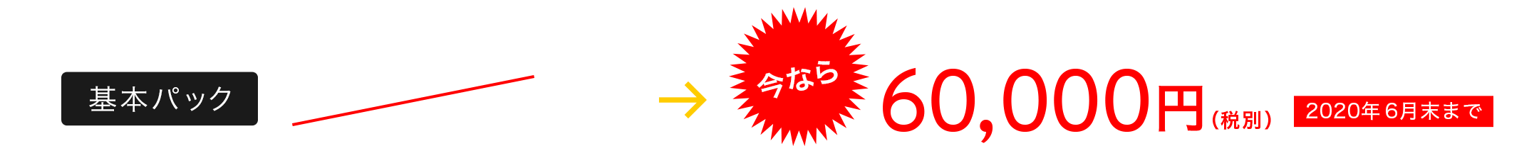 基本パック100,000円(税別)が、今なら60,000円(税別)2020年6月末まで